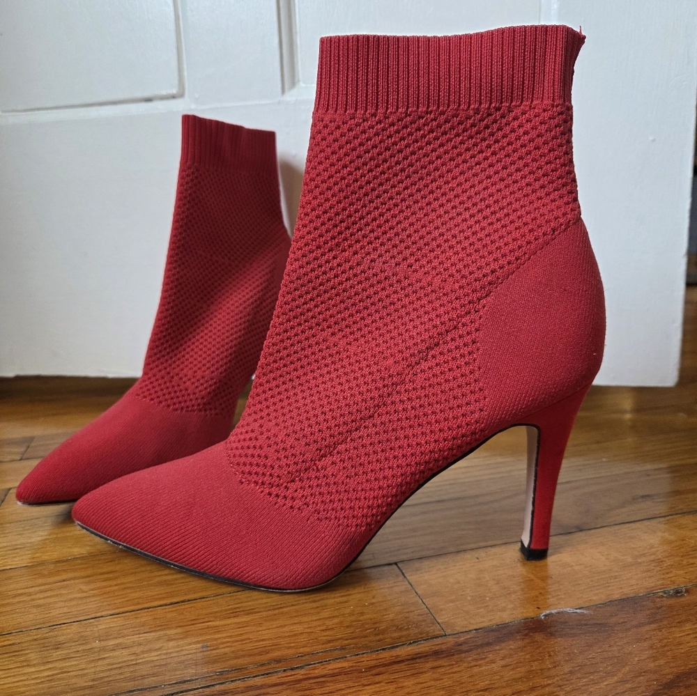 Red Knit Sock Booties with Pointed Toe and Stiletto Heel